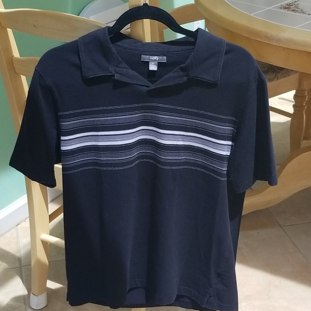 Apt 9 mens black with gray and white striped polo medium